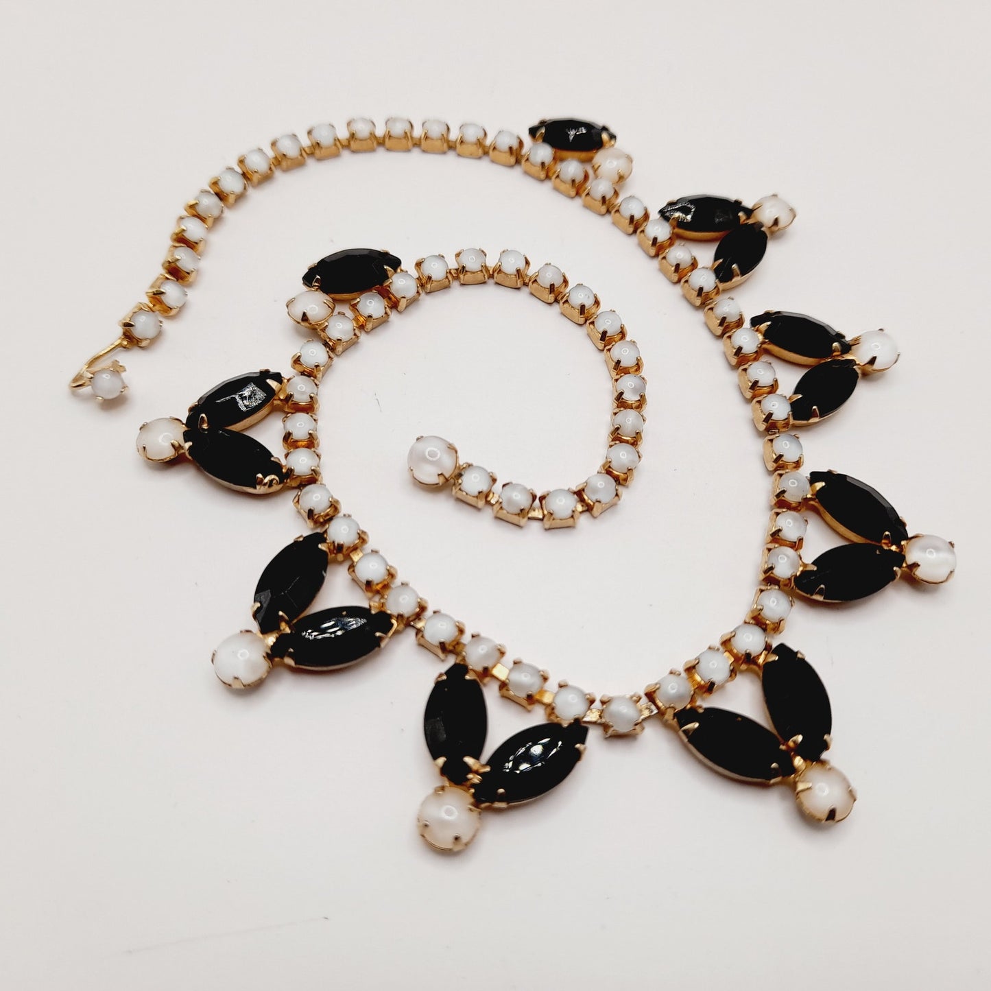 Vintage Black Rhinestones Milky White Cabs Gold Plated Choker Necklace, 1960s