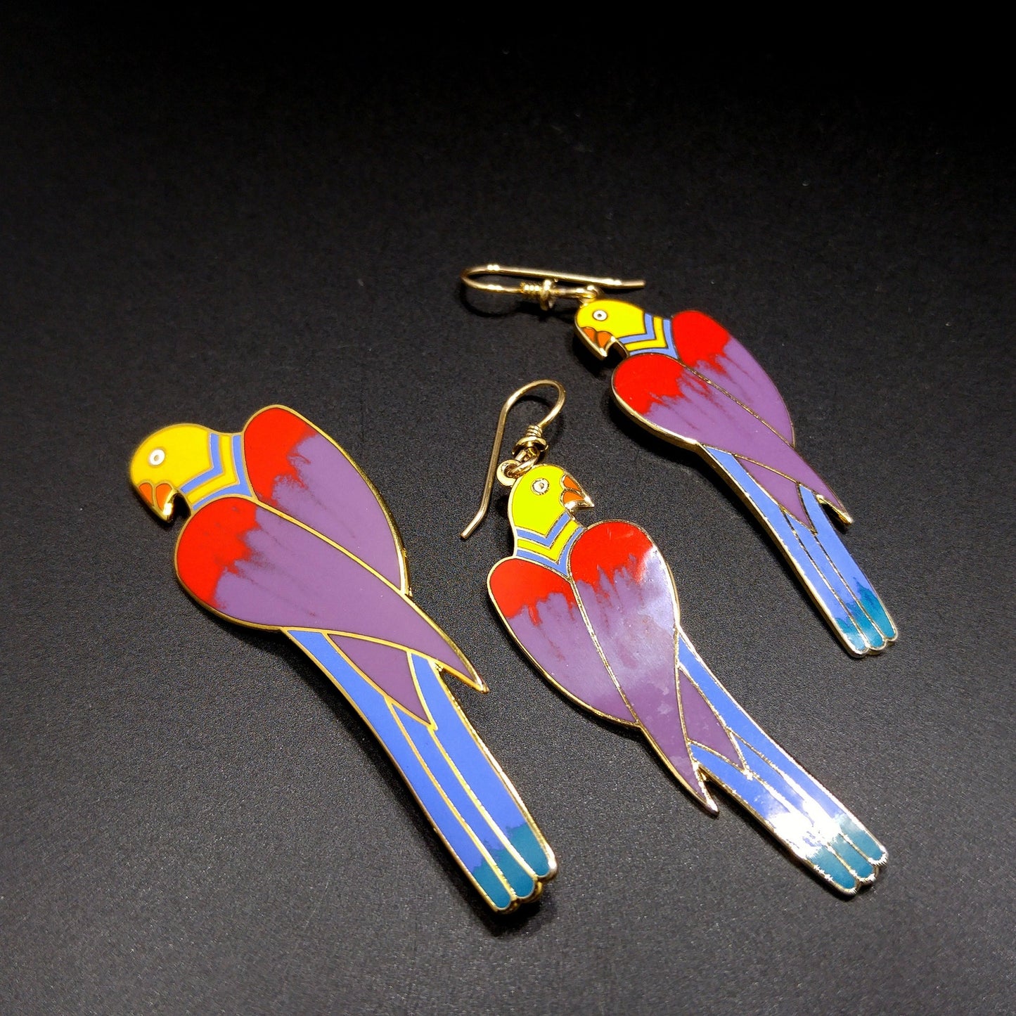 Laurel Burch Cezanne Parrot Earrings & Brooch Set, 22 KG Plated Cloisonné Enamel, 1980s Vintage Jewelry