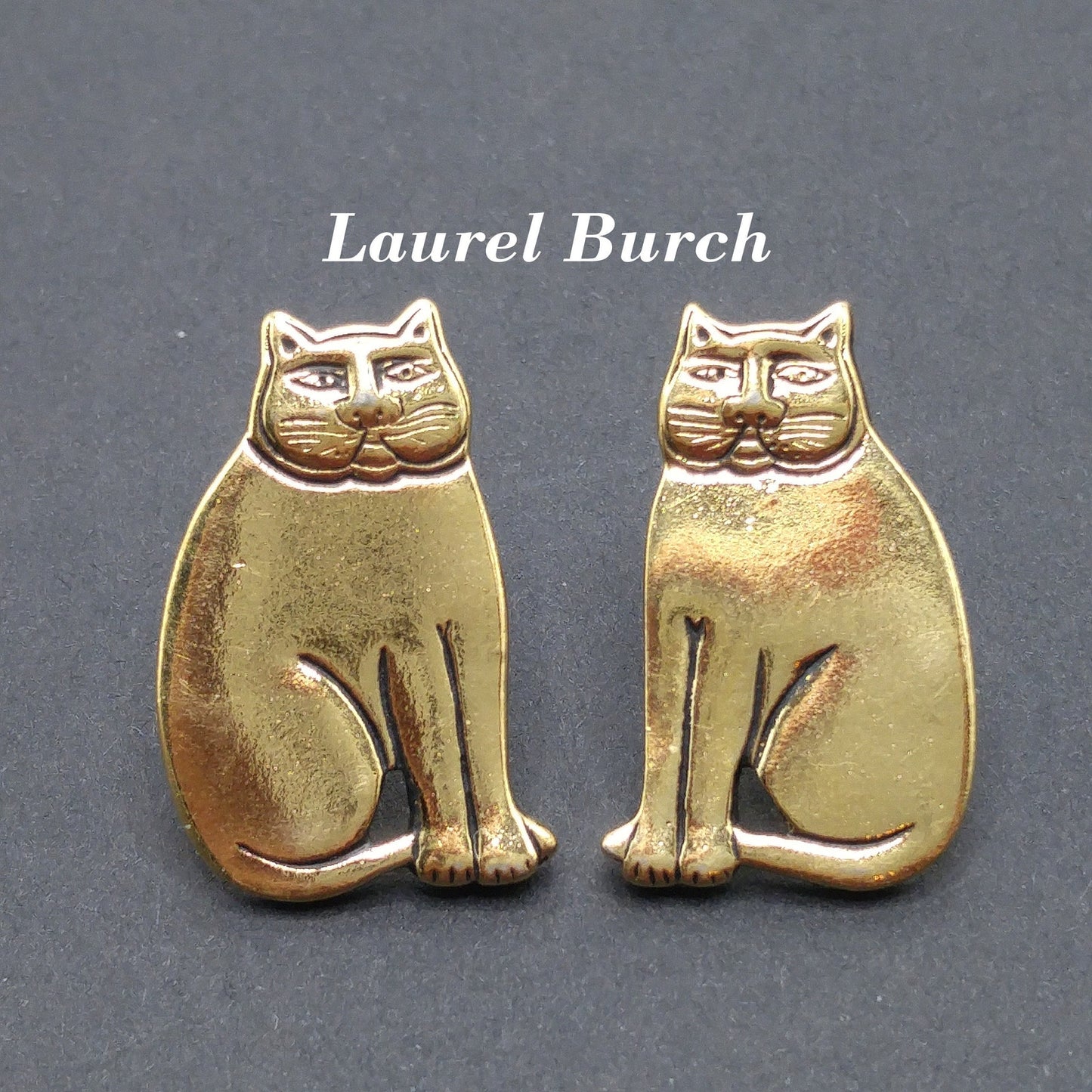 Vintage Laurel Burch Cat Post Earrings, Sitting Cats, Gold Plated
