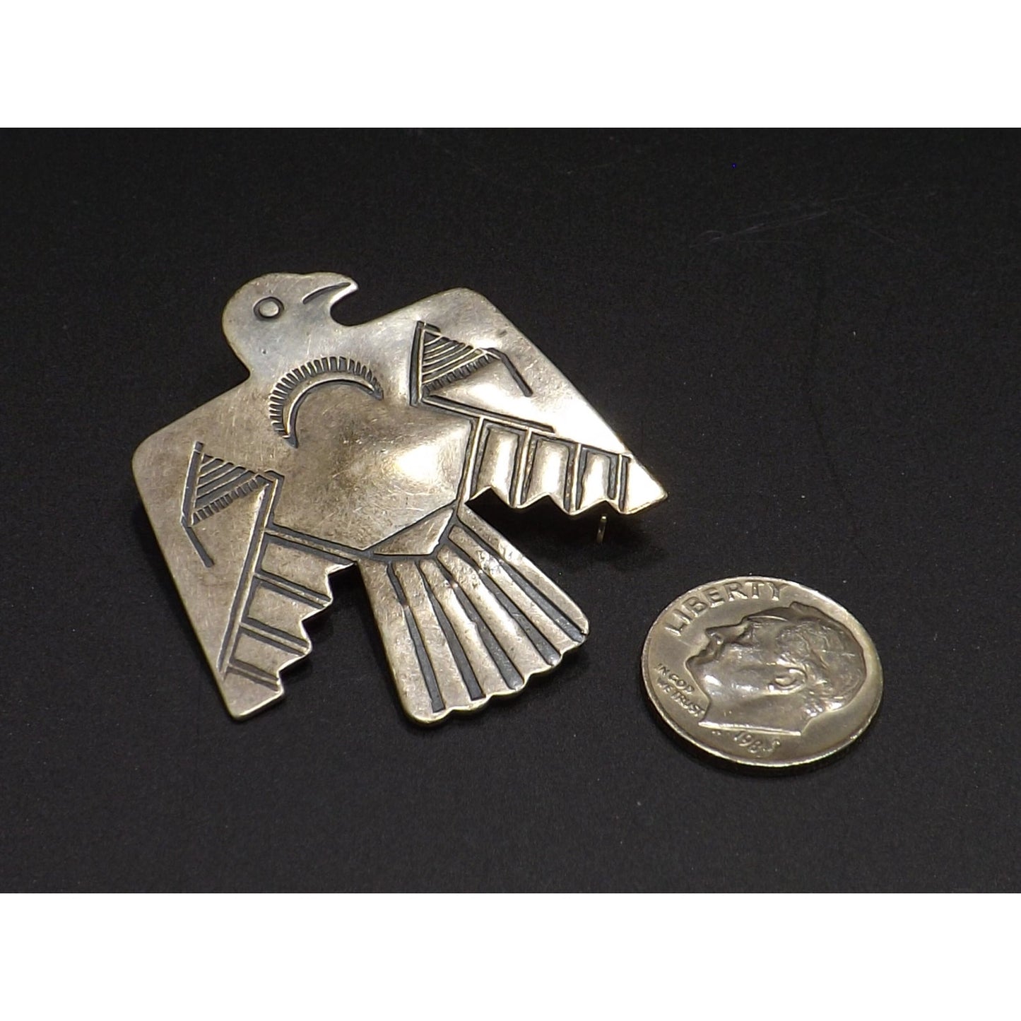Thunderbird IH Coin Silver Brooch, Indian Handcrafts Shop Trademark, Vintage Jewelry Pin