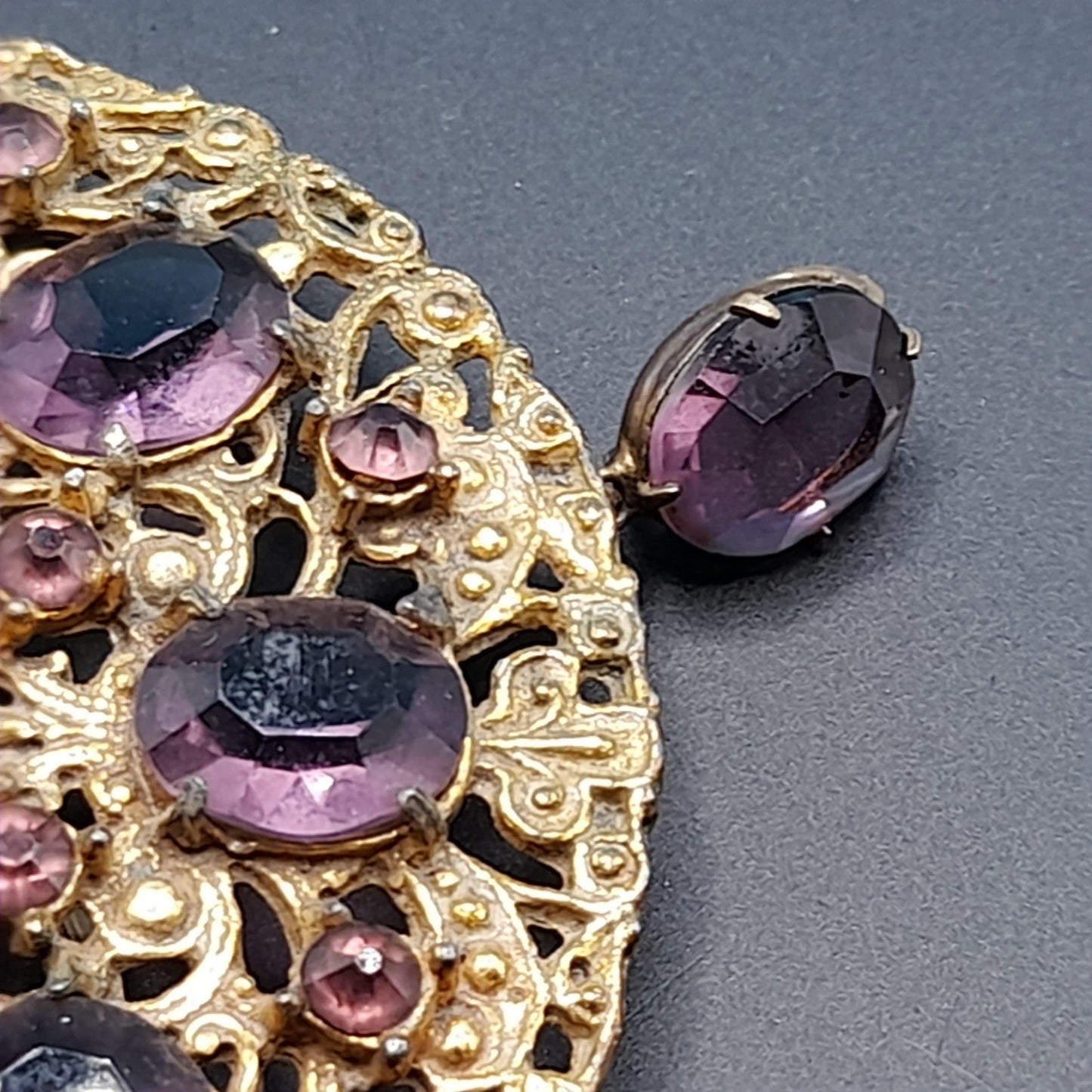 Vintage 1930s Purple Glass Brooch Pendant, Pot Metal, 3 1/2 Inches