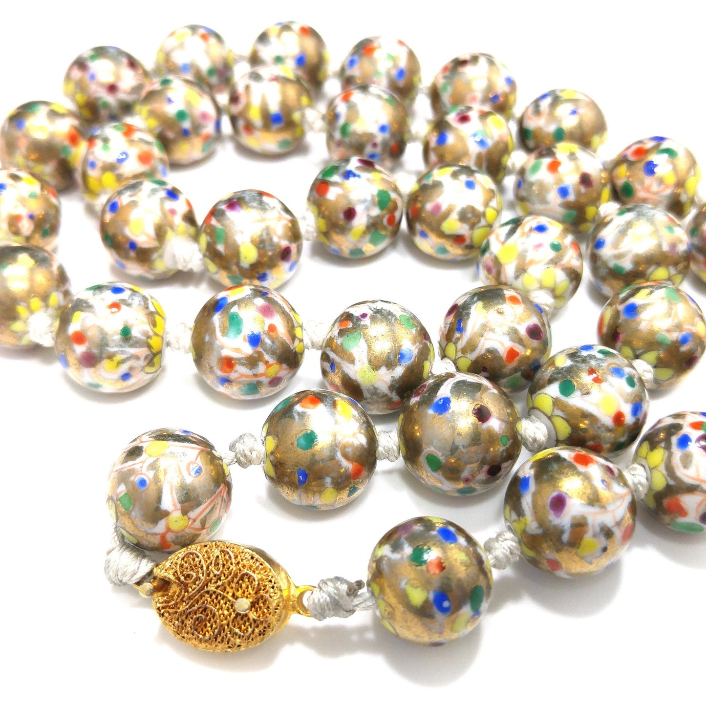 Vintage Chinese Hand Knotted Beaded Necklace, Hand Painted Floral Beads, 1940s Vintage Jewelry