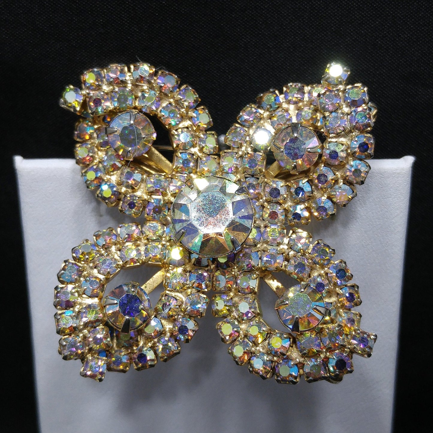 Aurora Borealis Flower Brooch, Gold Plated, 1960s Vintage Jewelry