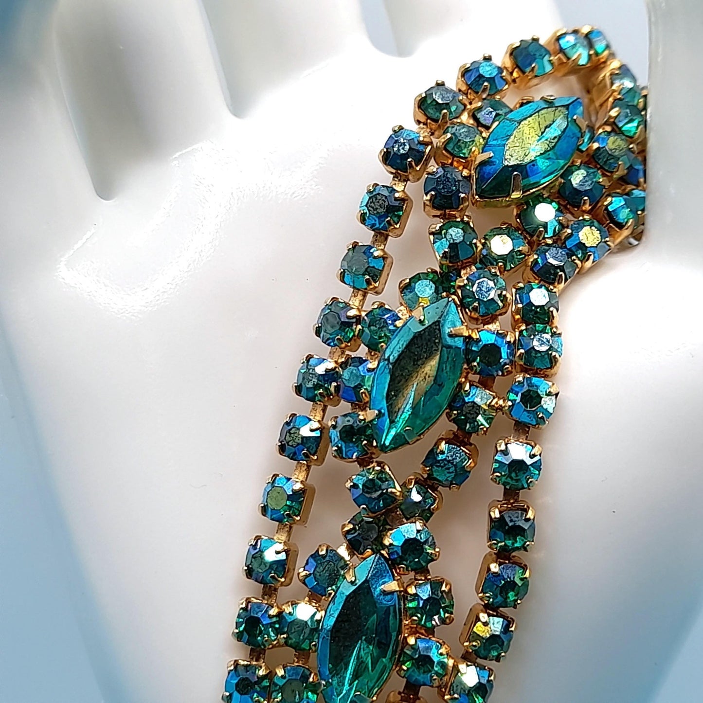 Green Blue Aurora Borealis Rhinestone Bracelet, Gold Plated, 1960s Vintage Jewelry