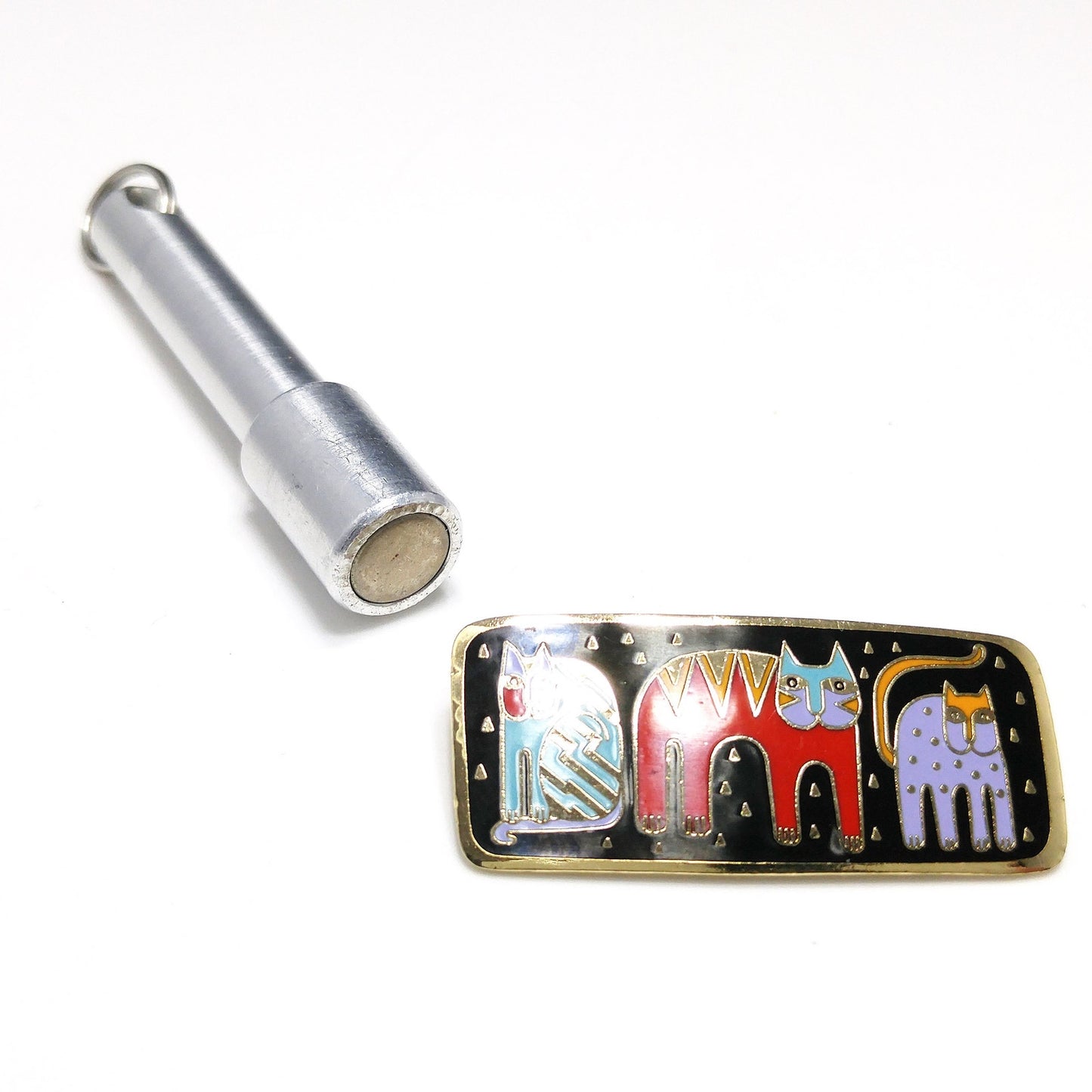 Laurel Burch "Fantastic Felines" Enamel Brooch, Gold Plated Cloisonne, 1980s