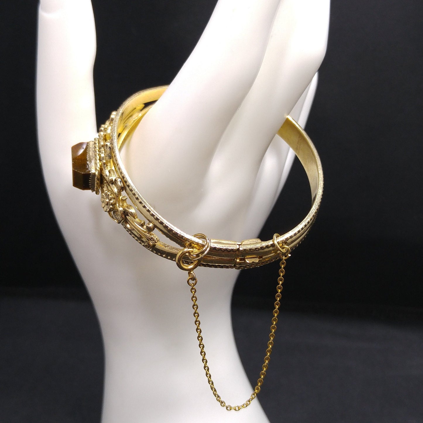 Gemstone Filigree Hinged Bracelet, Safety Chain, 1940s Vintage Jewelry