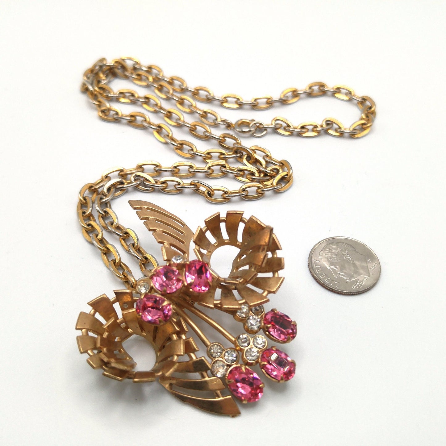 Pink Rhinestone Brooch Pendant Necklace, Gold Plated Pendant Brooch Combo, 1940s Vintage Jewelry