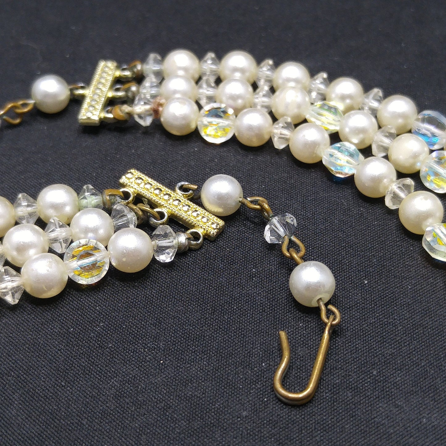 Mid-Century Crystal Faux Pearl Necklace, Three Strands, 1950s Vintage Jewelry