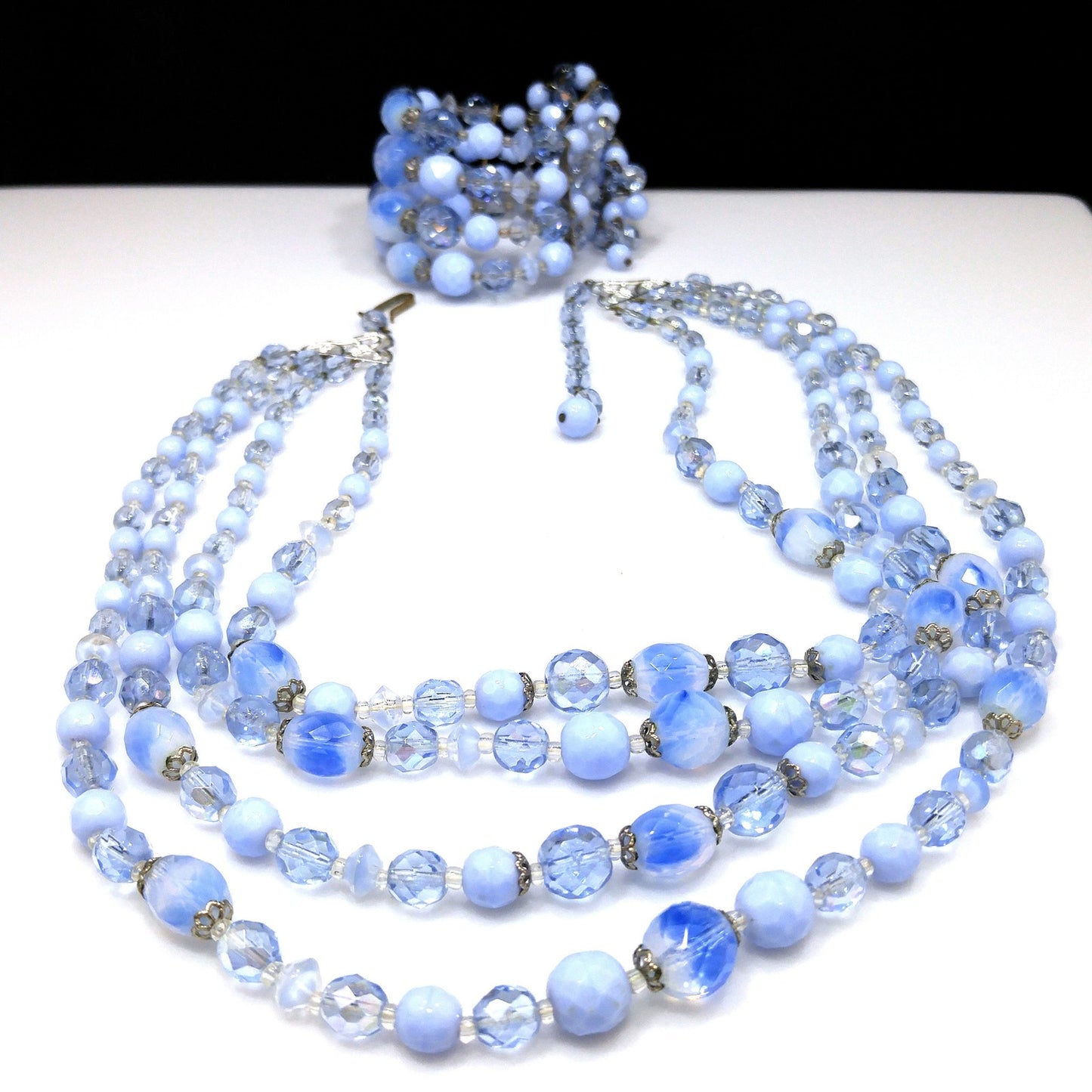 West Germany Blue Beaded Necklace & Bracelet, Art Glass Crystal Beads, 1950s Vintage Jewelry