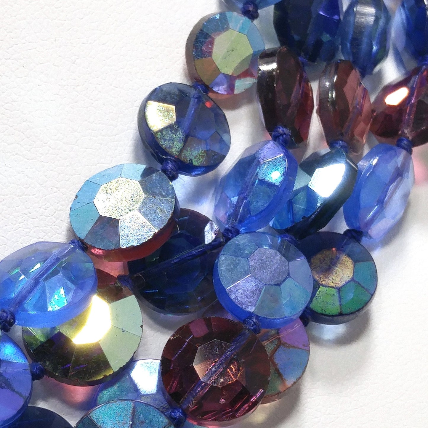 Blue Purple Aurora Borealis Necklace, Hand Knotted Four Strands, 1950s Vintage Jewelry