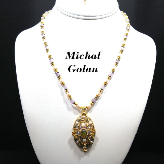 Michal Golan Amethyst Beaded Pendant Necklace, Faux Pearls, Artisan Vintage Jewelry