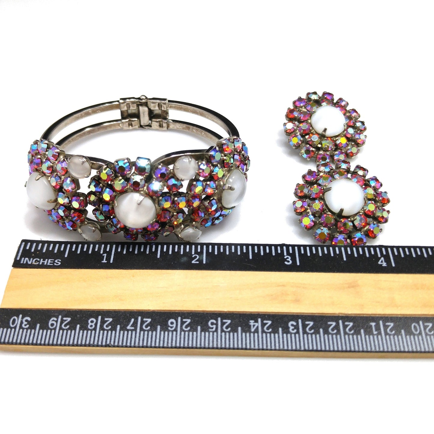 Vintage Juliana Clamper Bracelet & Earrings, DeLizza Elster, Red AB Rhinestones