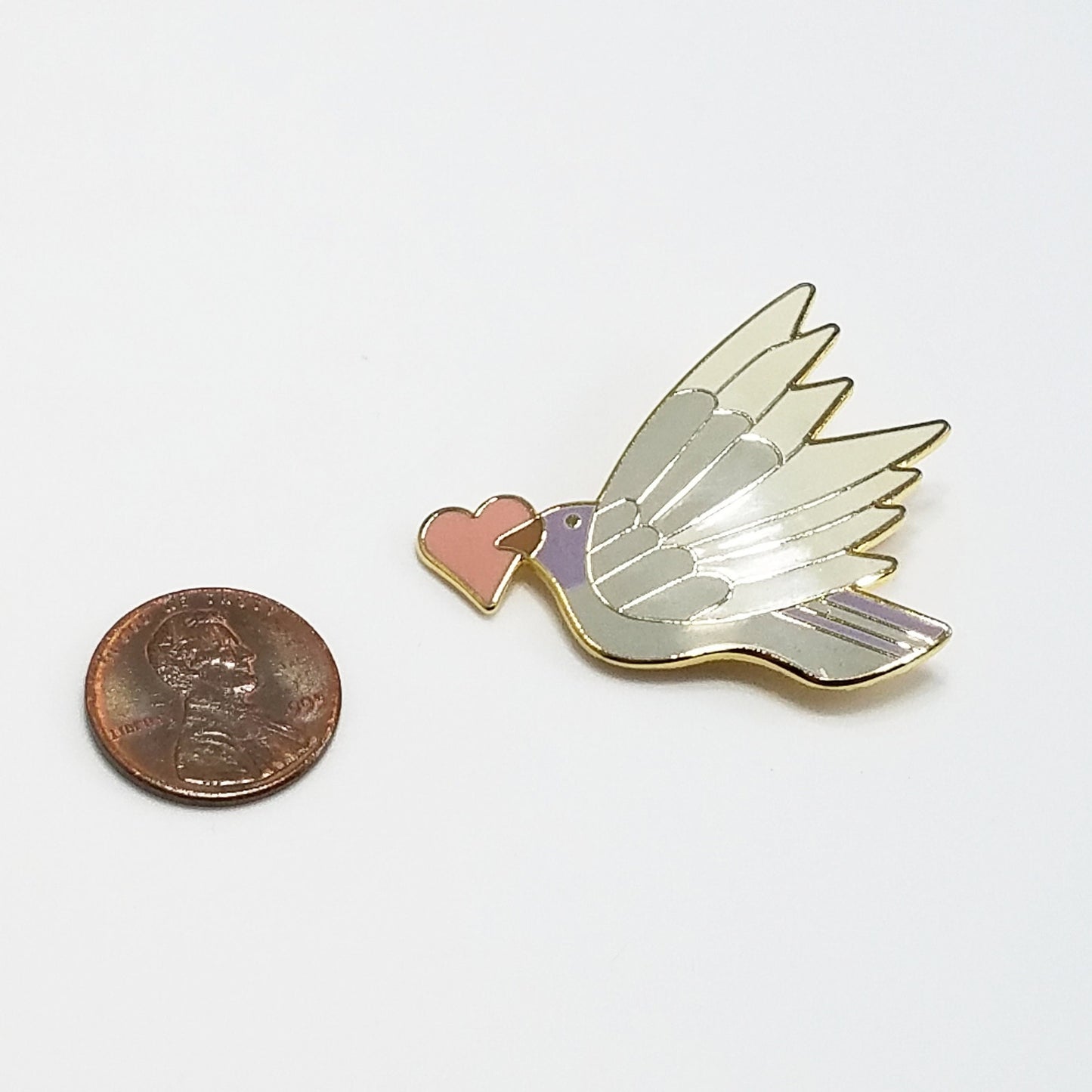 Vintage Laurel Burch "Celeste With Heart" Pendant Brooch, Grey White Enamel Bird