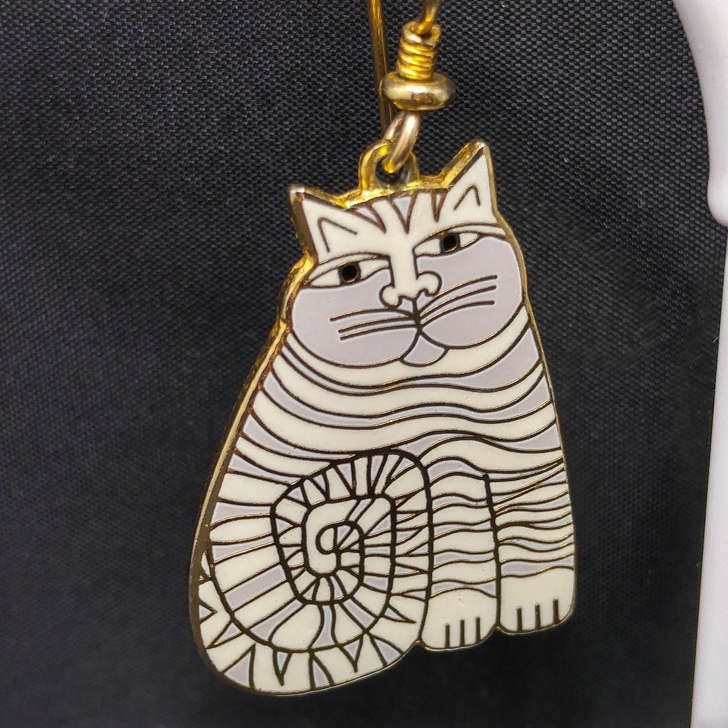 Laurel Burch Shambala Cat Earrings, White Gray Enamel, Gold Plated, 1980s Vintage Jewelry