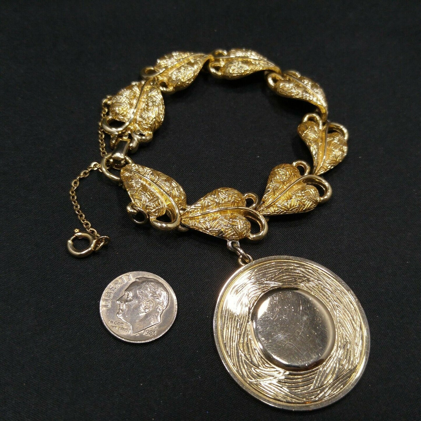 Coro Pegasus Heart Leaf Bracelet, Engravable Charm, Gold Plated, 1950s Vintage Jewelry