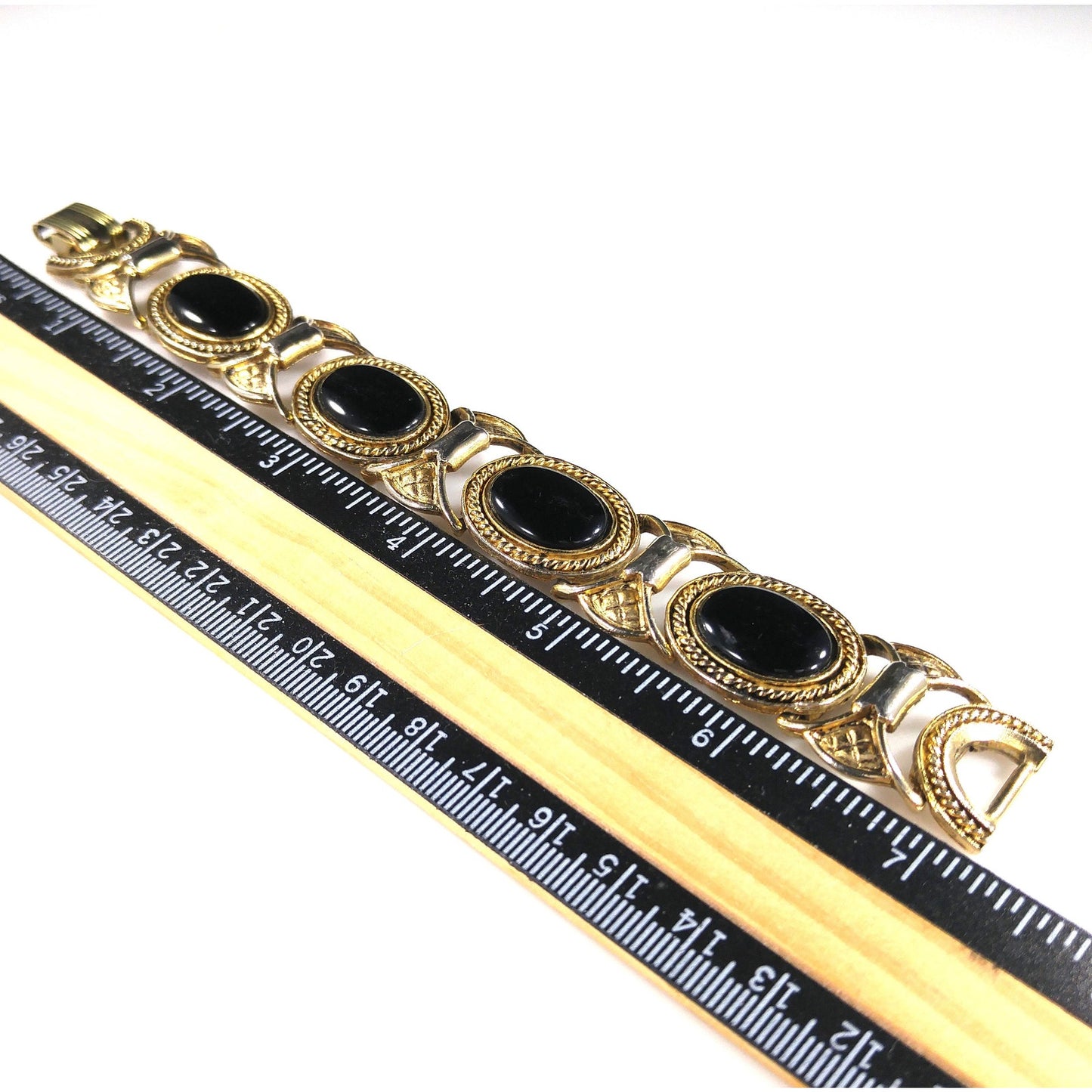 Mid-Century Black Glass Link Bracelet, Gold Plated, 1950s Vintage Jewelry