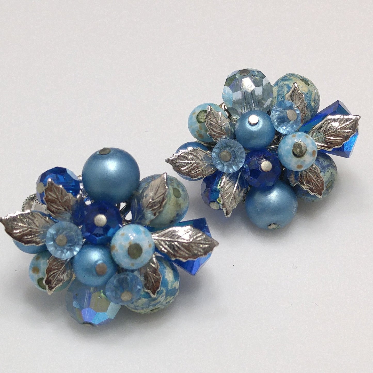Vendome Blue Beaded Clip Earrings, Aurora Borealis, Silver Leaves, 1960s Vintage Jewelry
