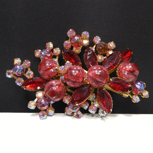 Red Art Glass Aurora Borealis Floral Brooch, Wide Riveted Bouquet, 1950s Vintage Jewelry
