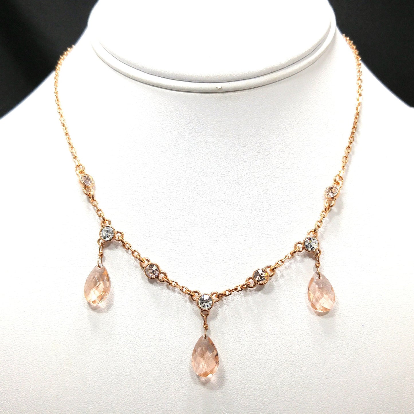 Givenchy Rose Gold Crystal Necklace – Three Drop Clear Rhinestones – Vintage Jewelry