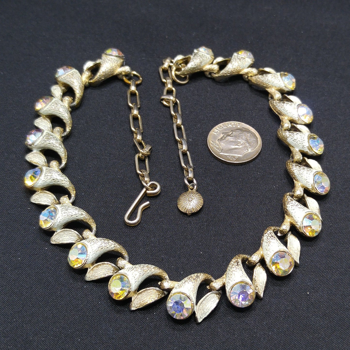 Brushed Gold Tone White Enamel Choker Necklace, Aurora Borealis Rhinestones, 1960s Vintage Jewelry
