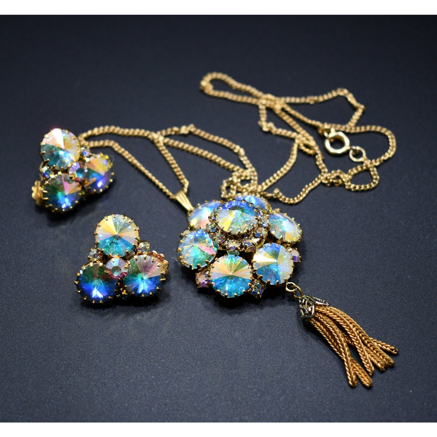 Vintage Rivoli Pendant & Earrings, Aurora Borealis Rhinestones, 1960s Vintage Jewelry