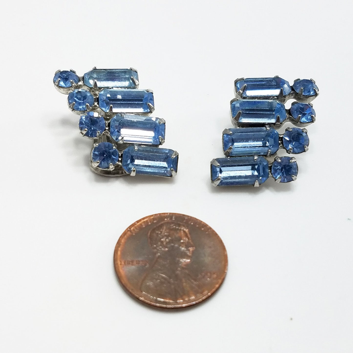 Vintage WEISS Powder Blue Clip Earrings, Silver Tone 1950s Austrian Crystal