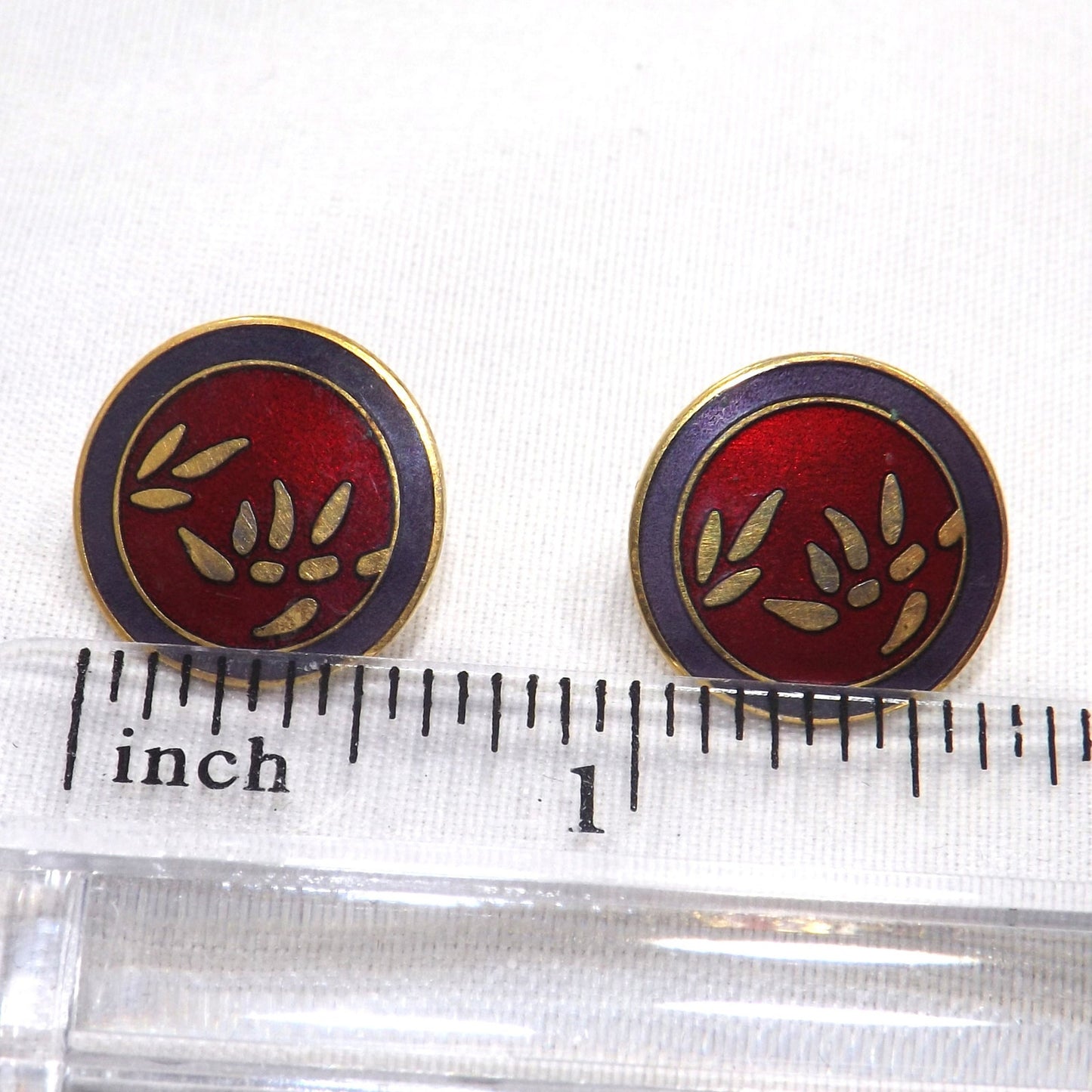 Laurel Burch Bamboo Red Post Earrings, Cloisonné Gold Plated, 1980s Vintage