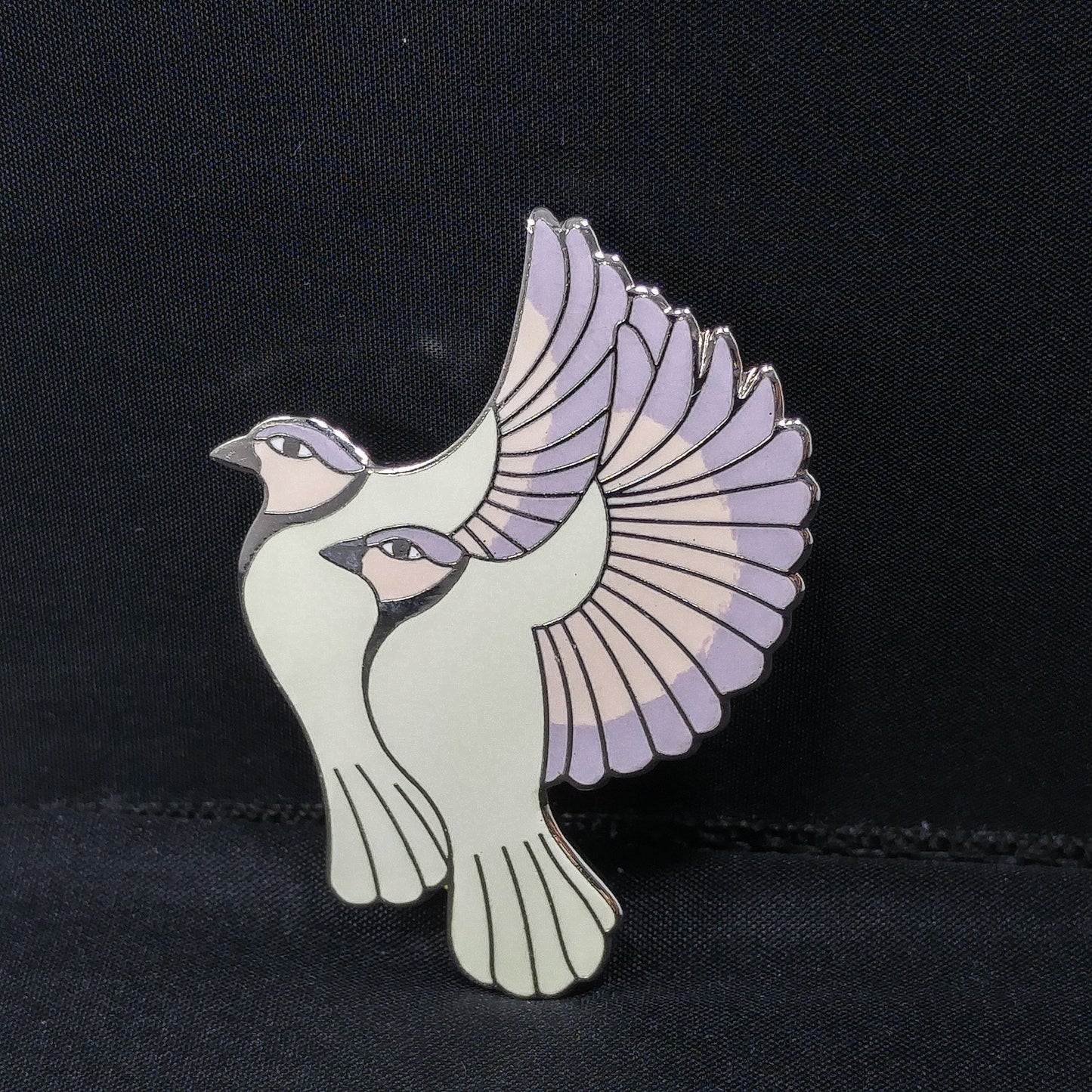 Vintage Laurel Burch "Hummingbirds" Pendant Brooch, White Gold Cloisonne, 1980s