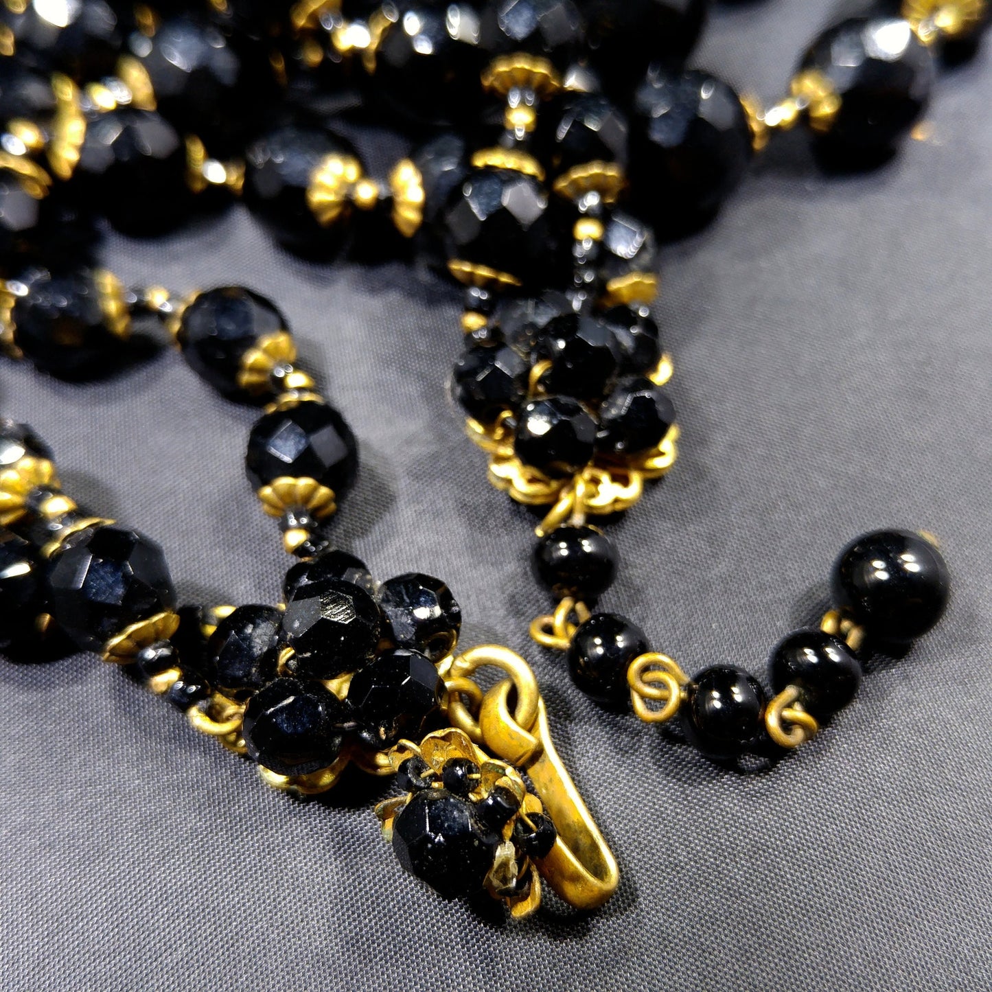 Miriam Haskell Black Beaded Necklace, Three Strands, 1960s Vintage Jewelry