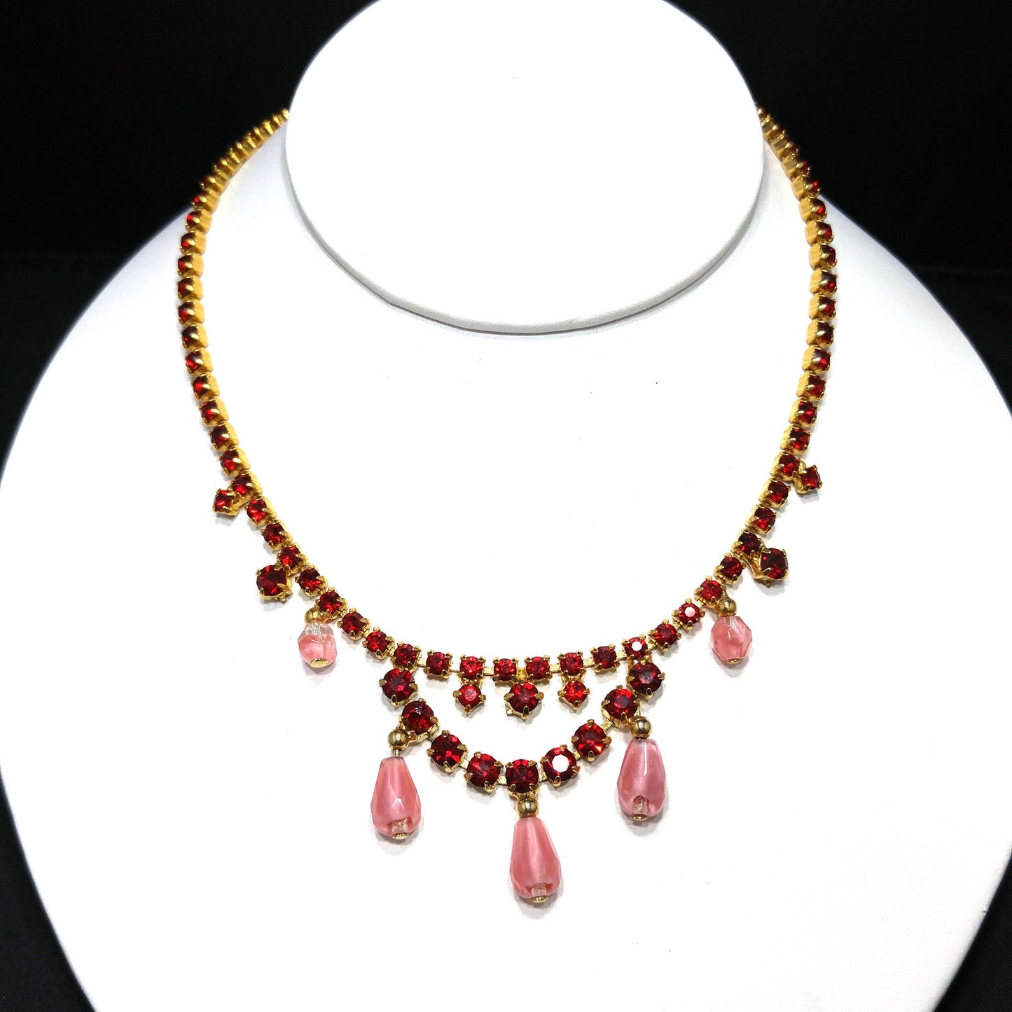 Red Rhinestone Pink Bead Choker Necklace, Gold Plated, 1950s Vintage Jewelry