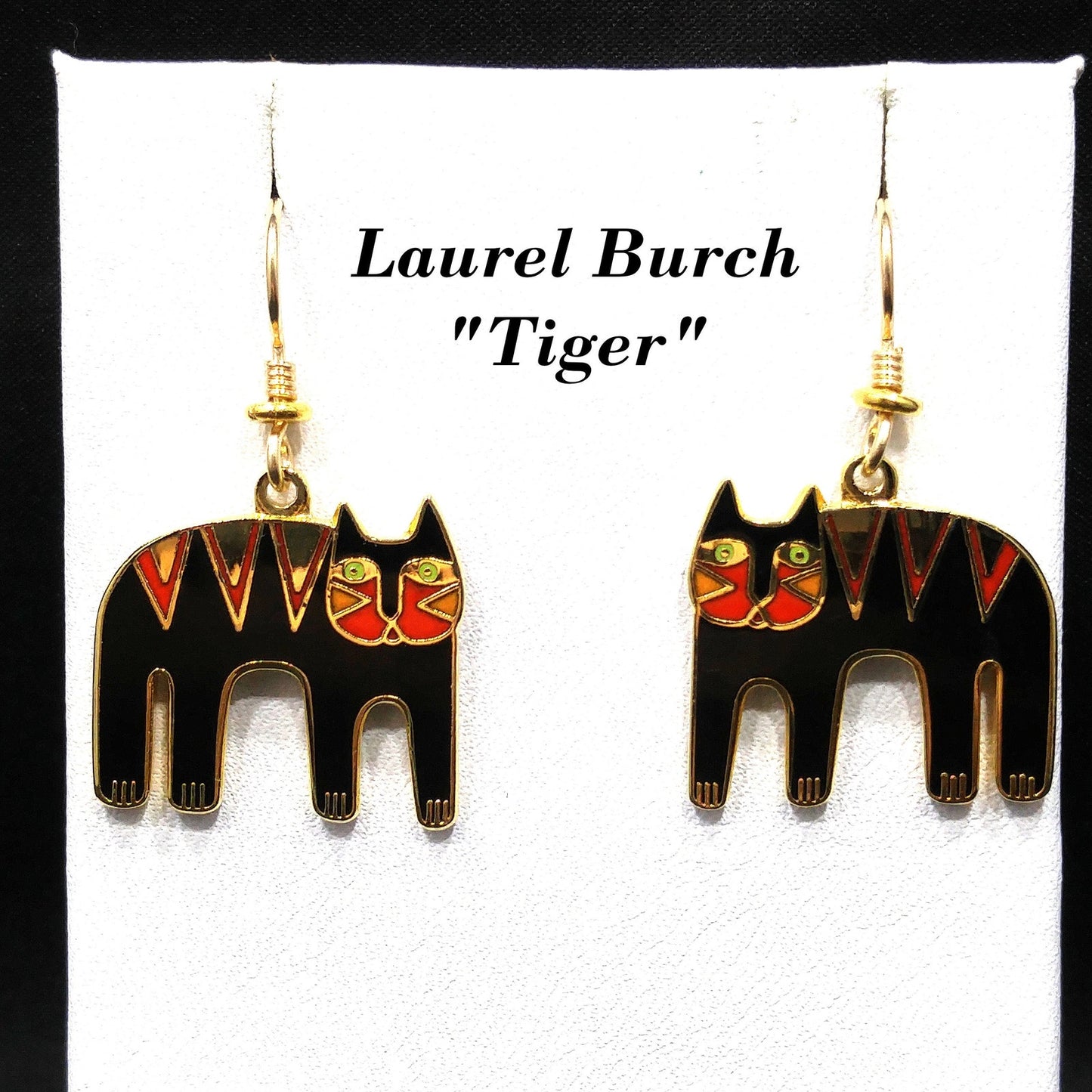 Vintage Laurel Burch "Tiger" Drop Earrings, Gold Plated, Black Red Enamel, 2005