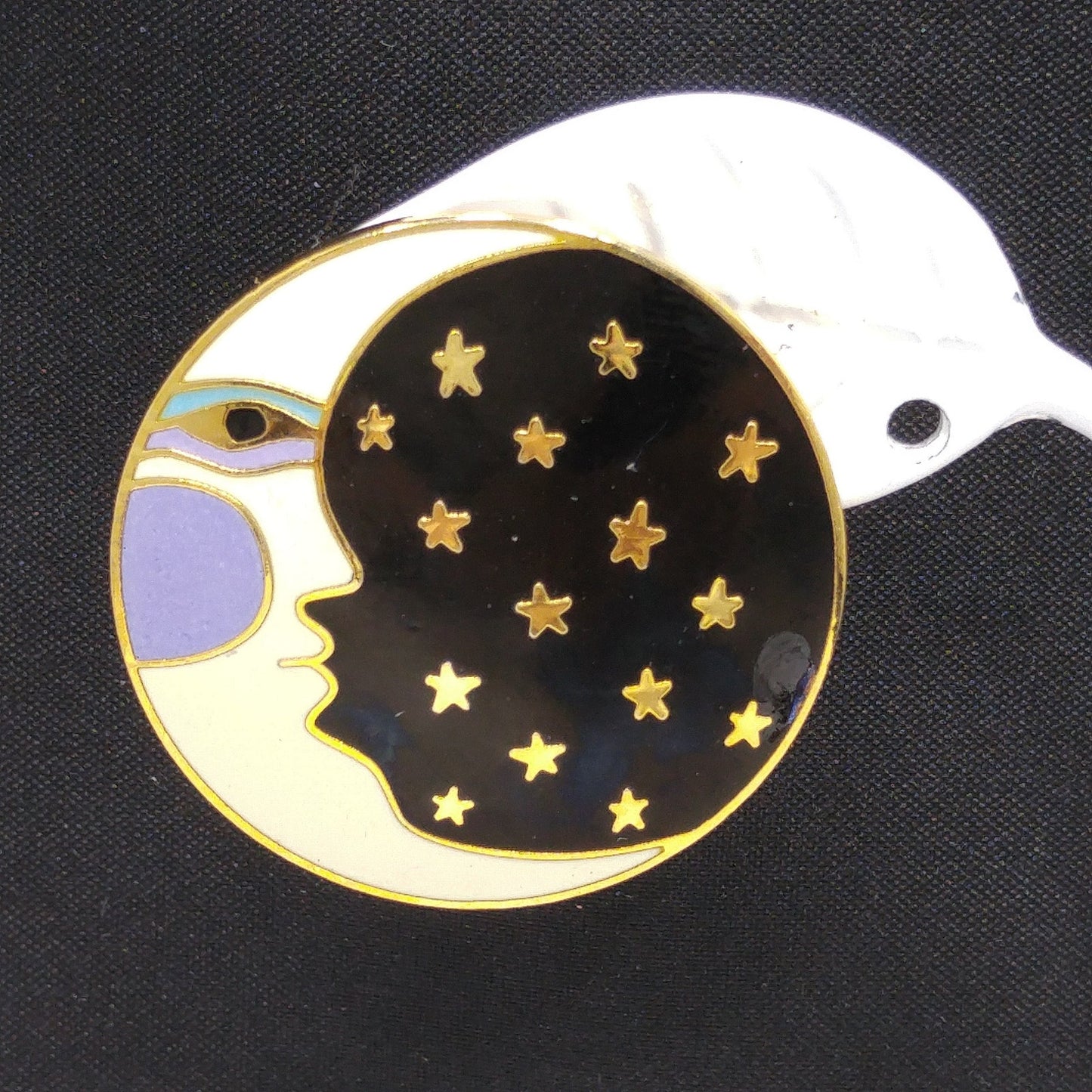 Laurel Burch "Moonface" Large Post Earrings, Cloisonné Gold Plate, Enamel Black White Purple, 1980s Vintage Jewelry
