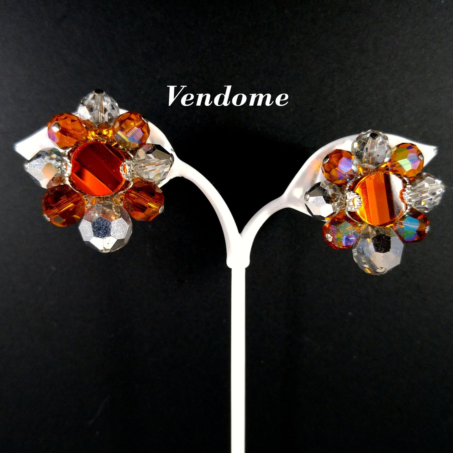Vendome Beaded Clip Earrings, Orange Silver Clear Crystal Beads, 1960s Vintage Jewelry