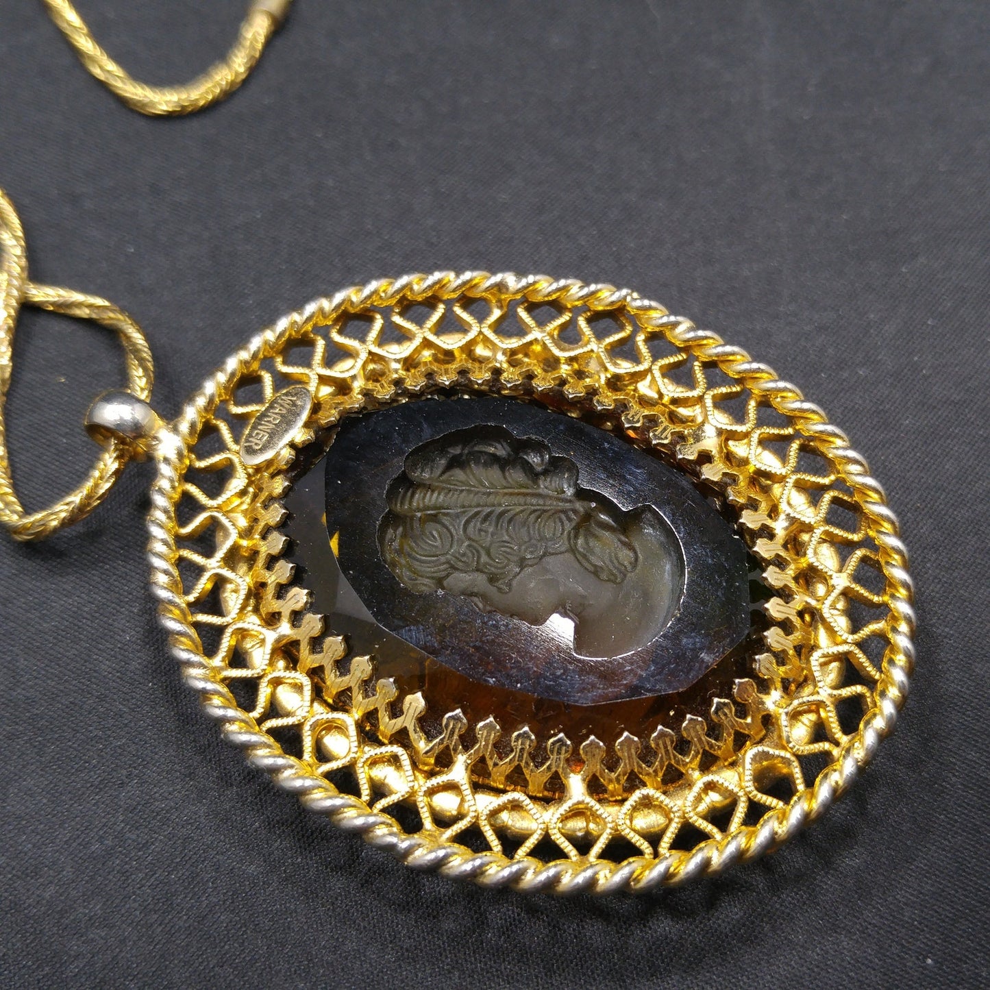 Warner Cameo Intaglio Pendant Necklace, Peridot Rhinestones, 5 Uranium Glass, 1960s Vintage Jewelry