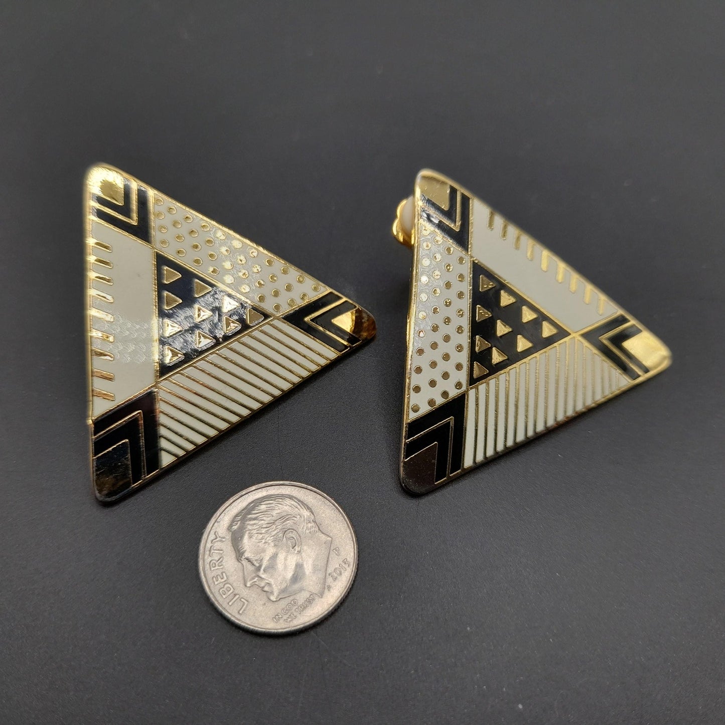Laurel Burch Large Geometric Clip Earrings, Black White Enamel, Gold Plated, 1980s Vintage Jewelry