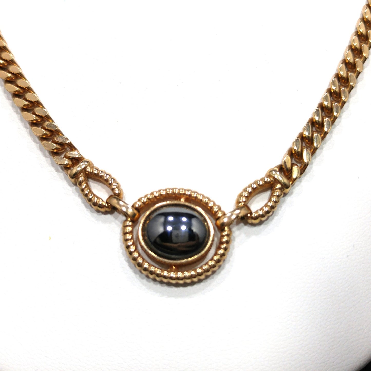 Louis Feraud Paris Gold Plated Pendant Necklace, Hematite Pendant, 1970s Vintage Jewelry