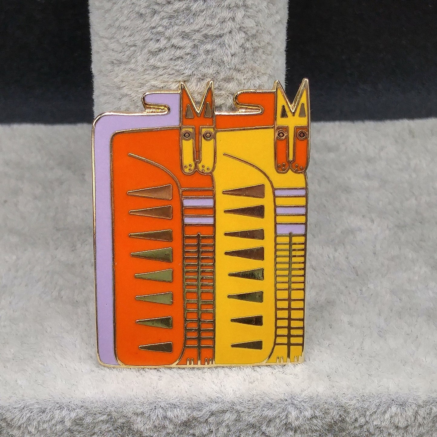 Laurel Burch "Egypticat" Brooch, Cloisonne Gold Plated, Yellow Orange Enamel Cats, 1980s Vintage Jewelry