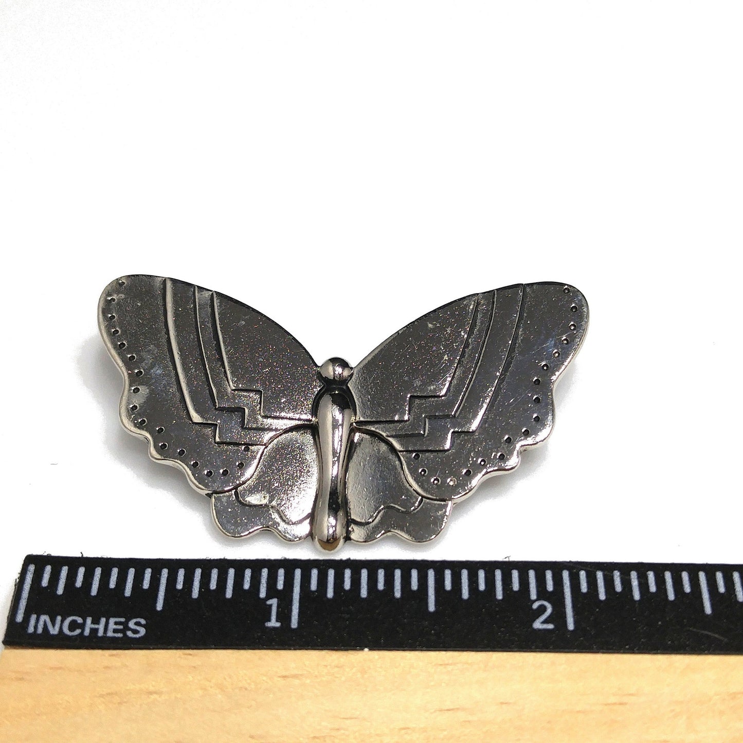 Laurel Burch Butterfly Brooch, Rhodium Plated, Black Enamel, 1980s Vintage Jewelry