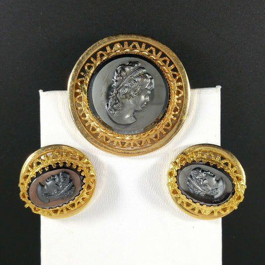 Vintage Cameo Hematite Brooch & Clip Earrings, Filigree Pin Set W Germany Style, 1950s Vintage Jewelry