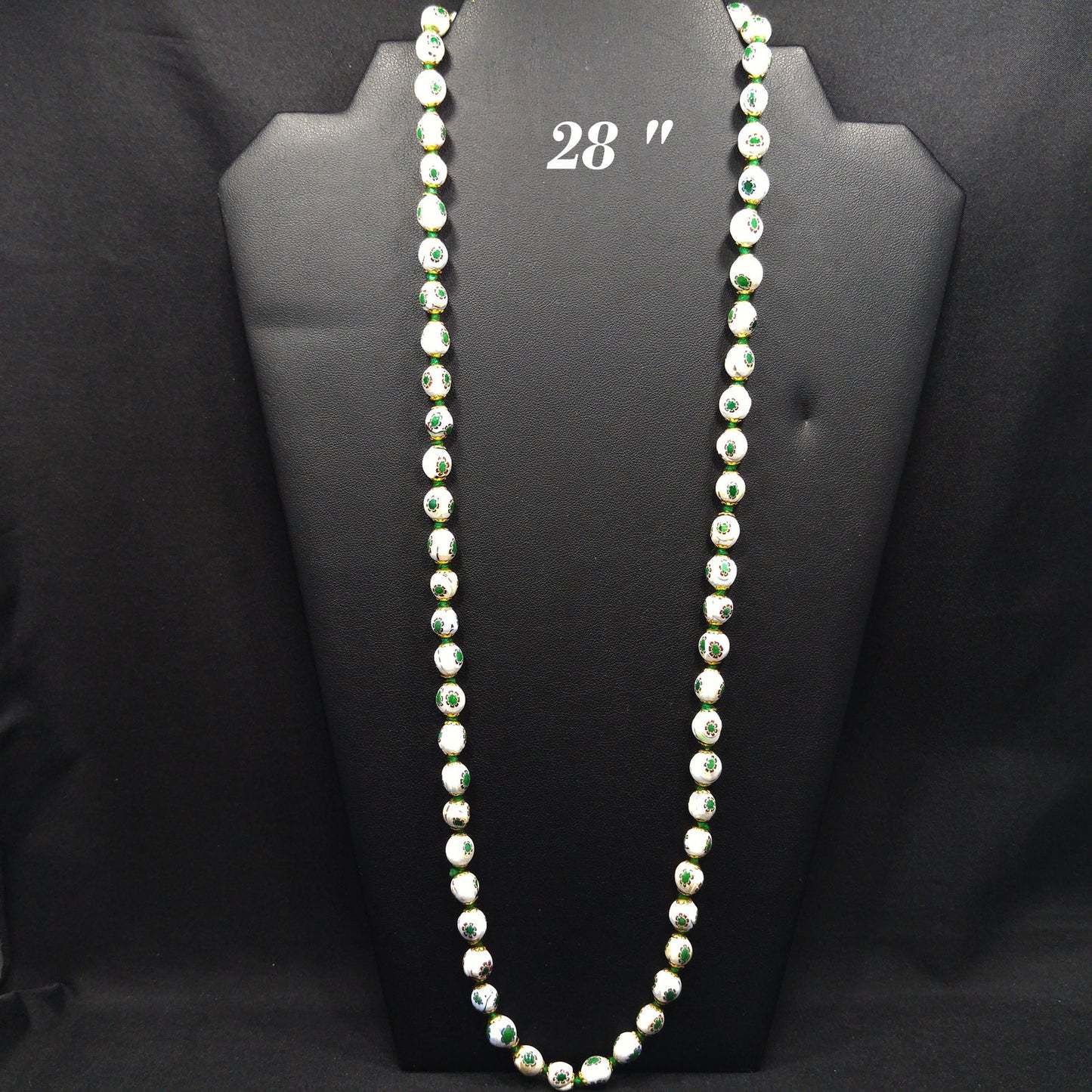 Vintage 1960s Hand Painted Floral Beaded Necklace – Green & Red Flowers – 28 In