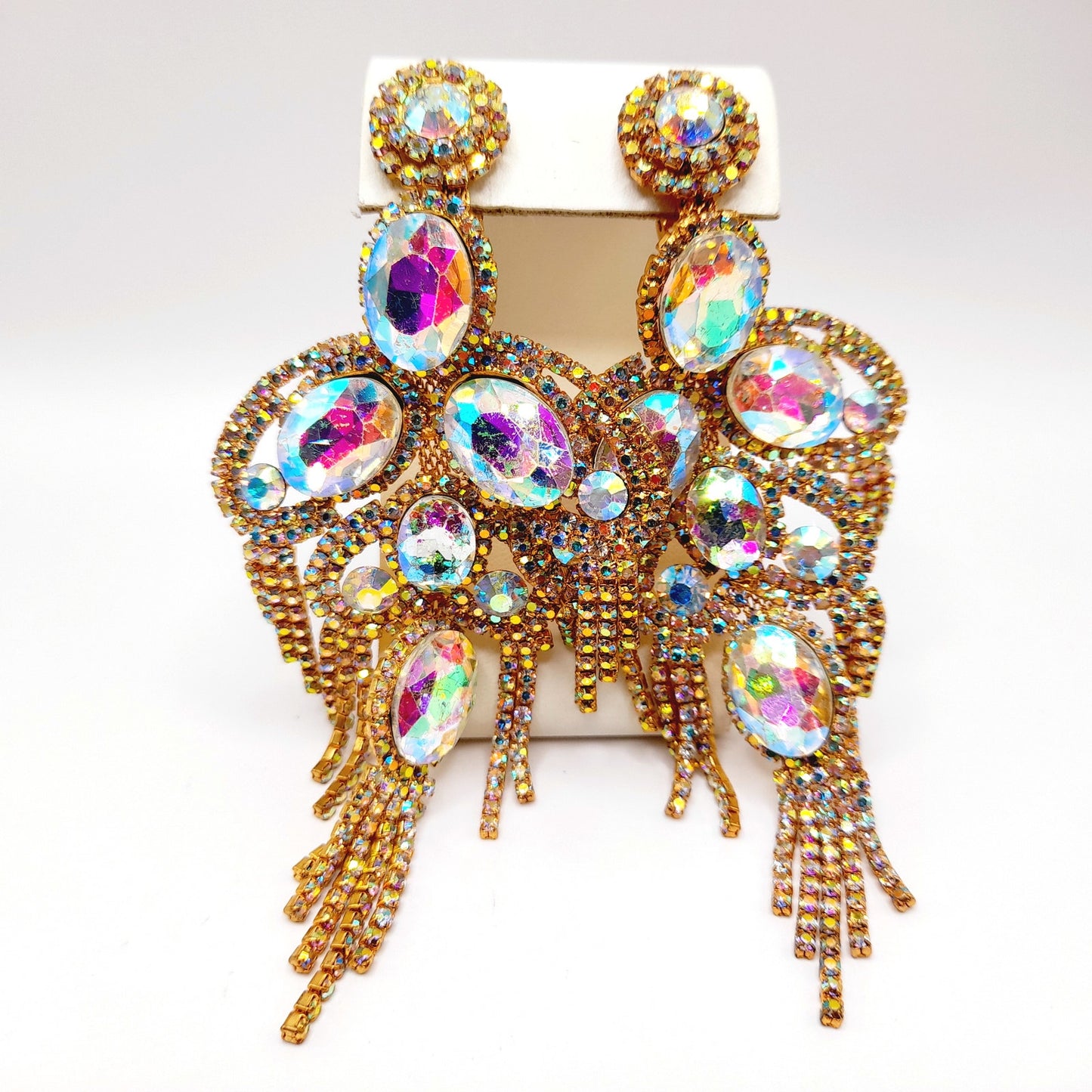 Runway Aurora Borealis Rhinestone Clip Earrings – Gold Tone Statement Jewelry