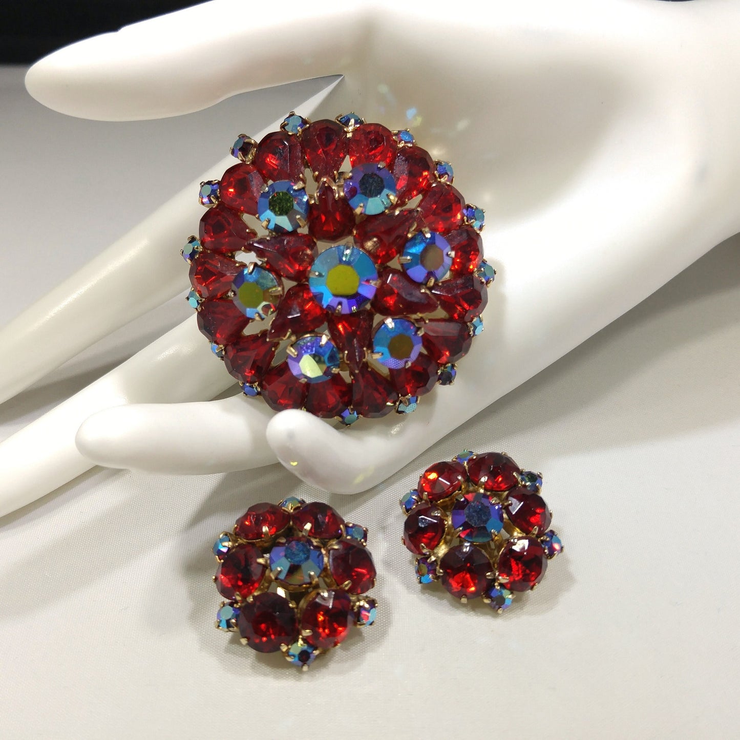 Red Rhinestone Aurora Borealis Brooch Earrings Set, Gold Plated, 1960s Vintage Jewelry