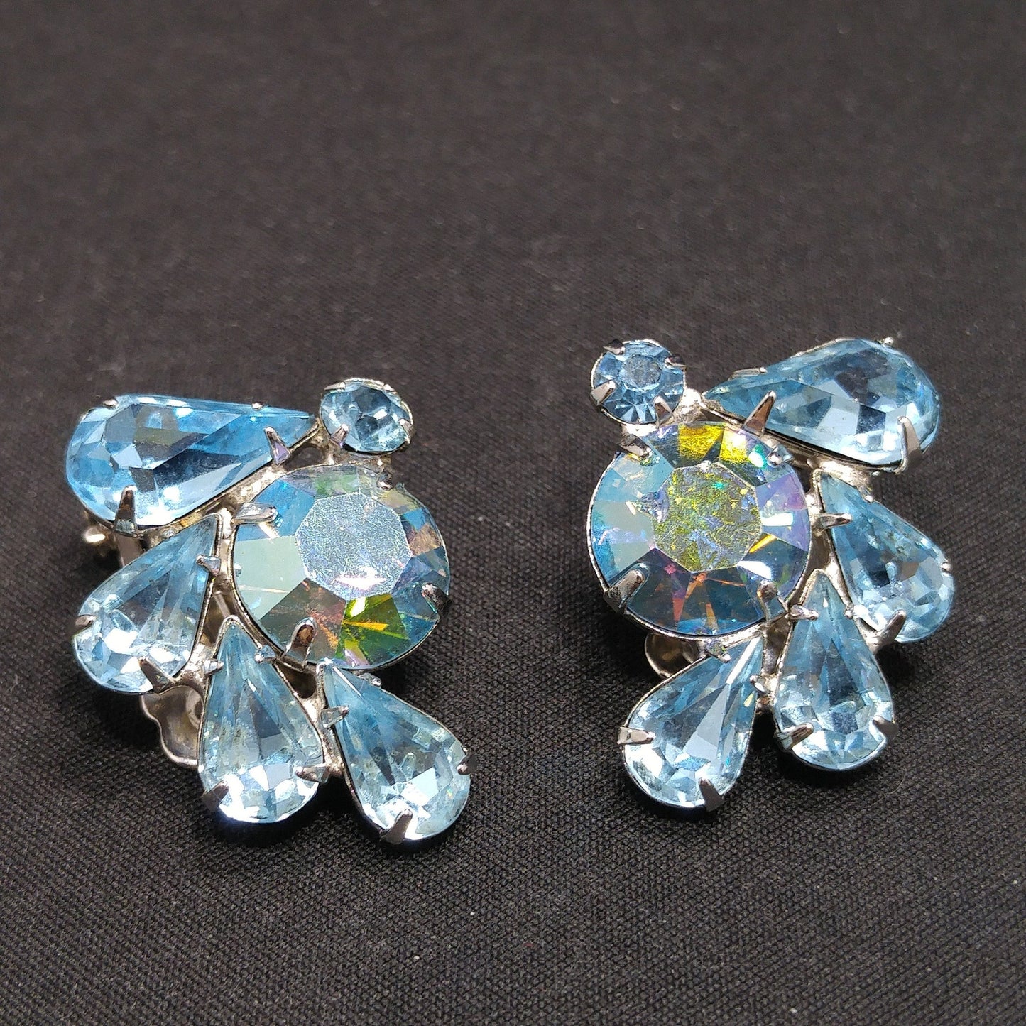 Weiss Light Blue Rhinestone Clip Earrings, Rhodium Plated, 1960s Vintage Jewelry