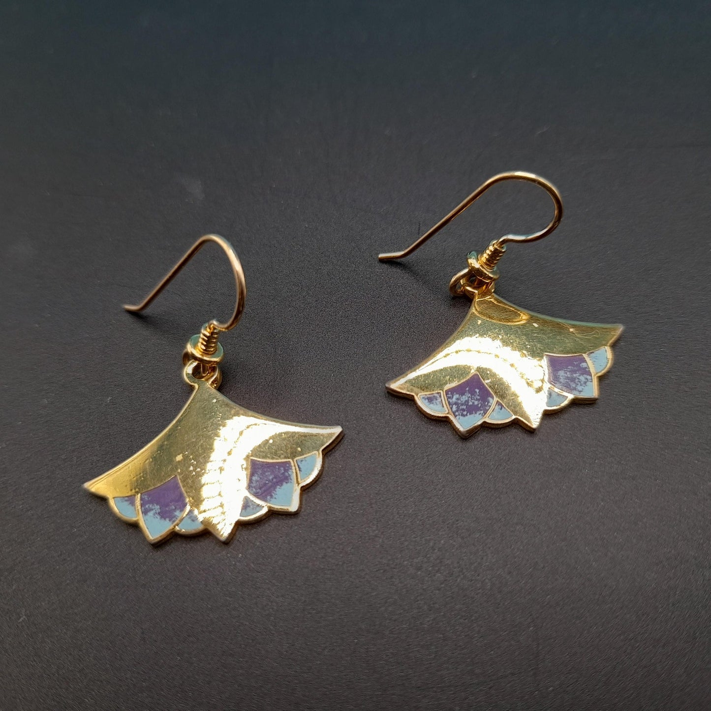 Laurel Burch "Nile Lotus" Drop Earrings, Gold Plated, Enamel Light Blue Purple, 1980s Vintage Jewelry