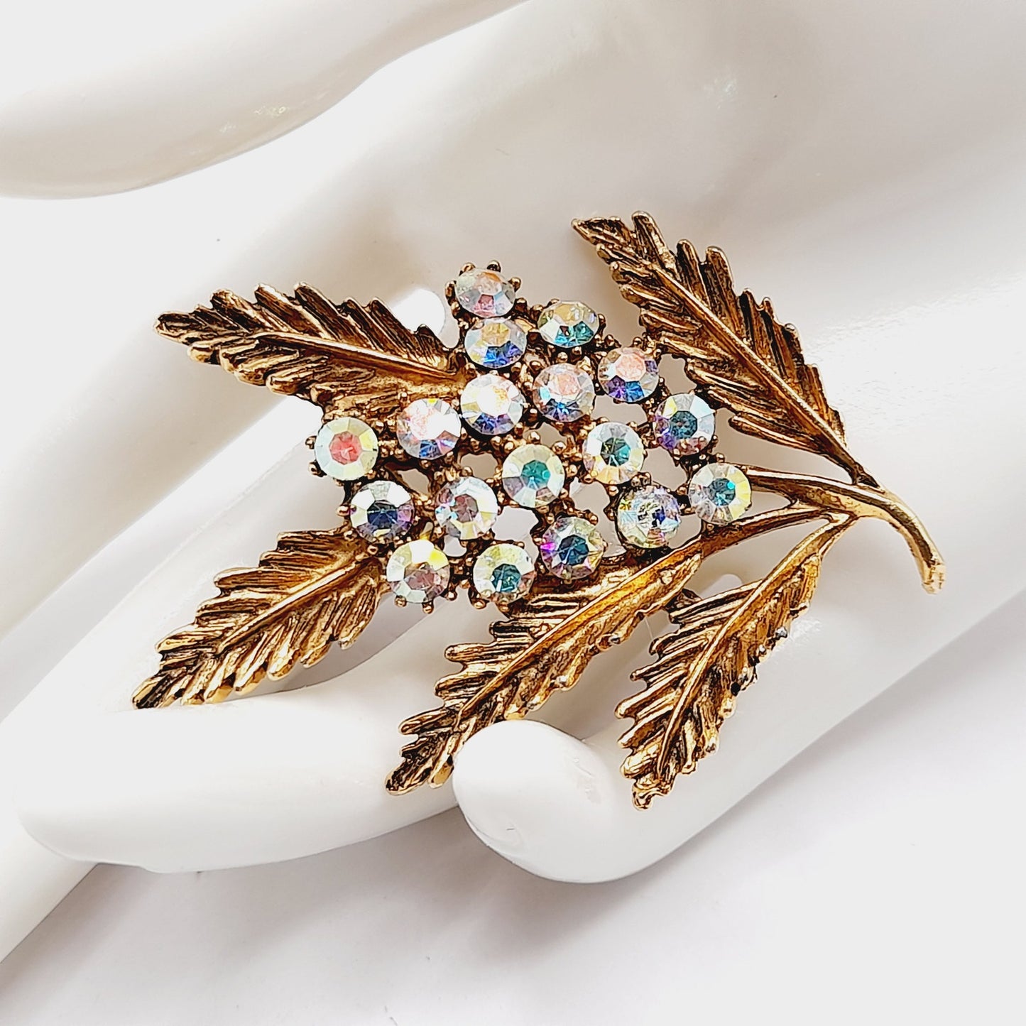 Vintage 1970s Leaf Blooms Aurora Borealis Rhinestone Brooch - 2 1/2 Inches