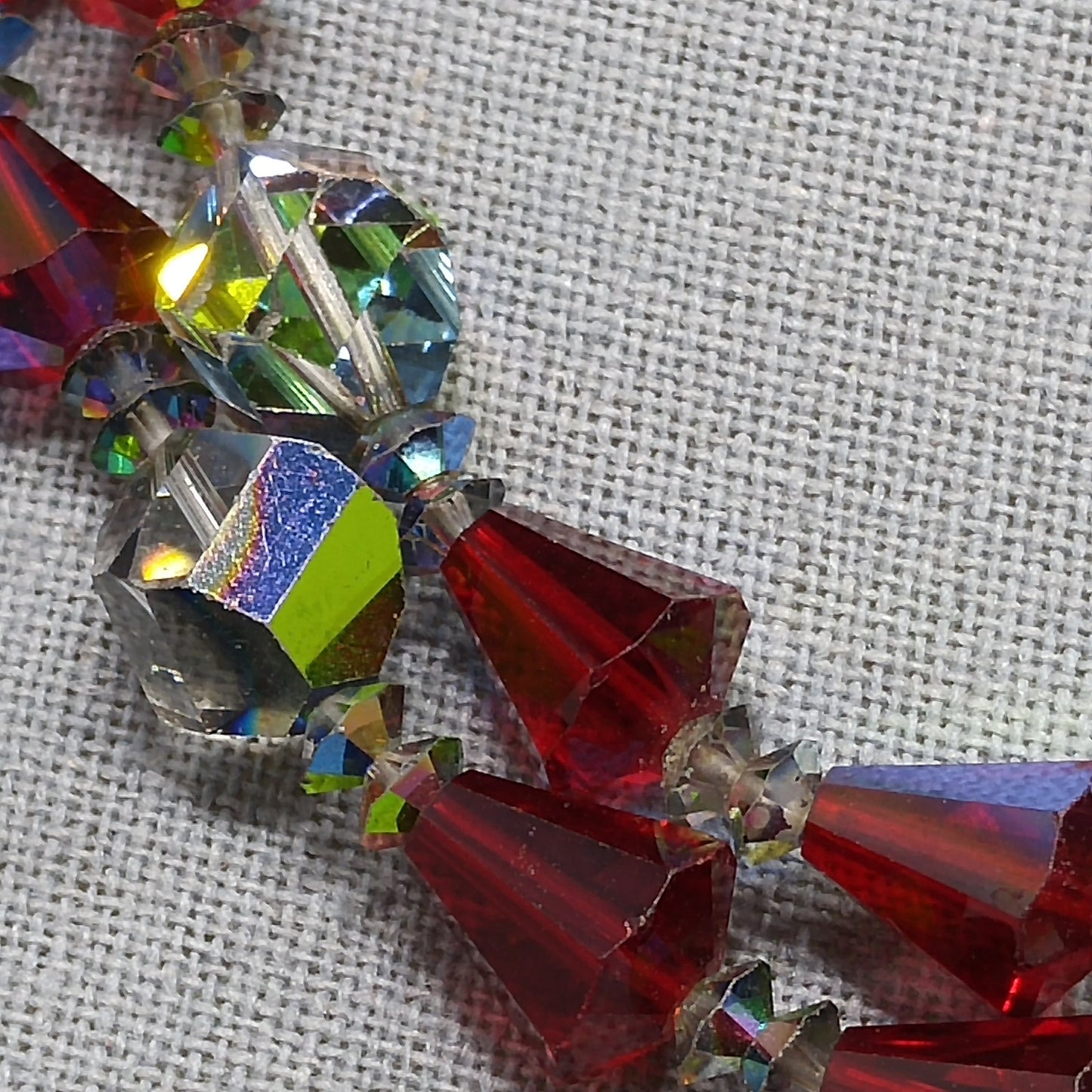 Vendome Red Crystal Two Strand Necklace, Aurora Borealis, 1960s Vintage Jewelry