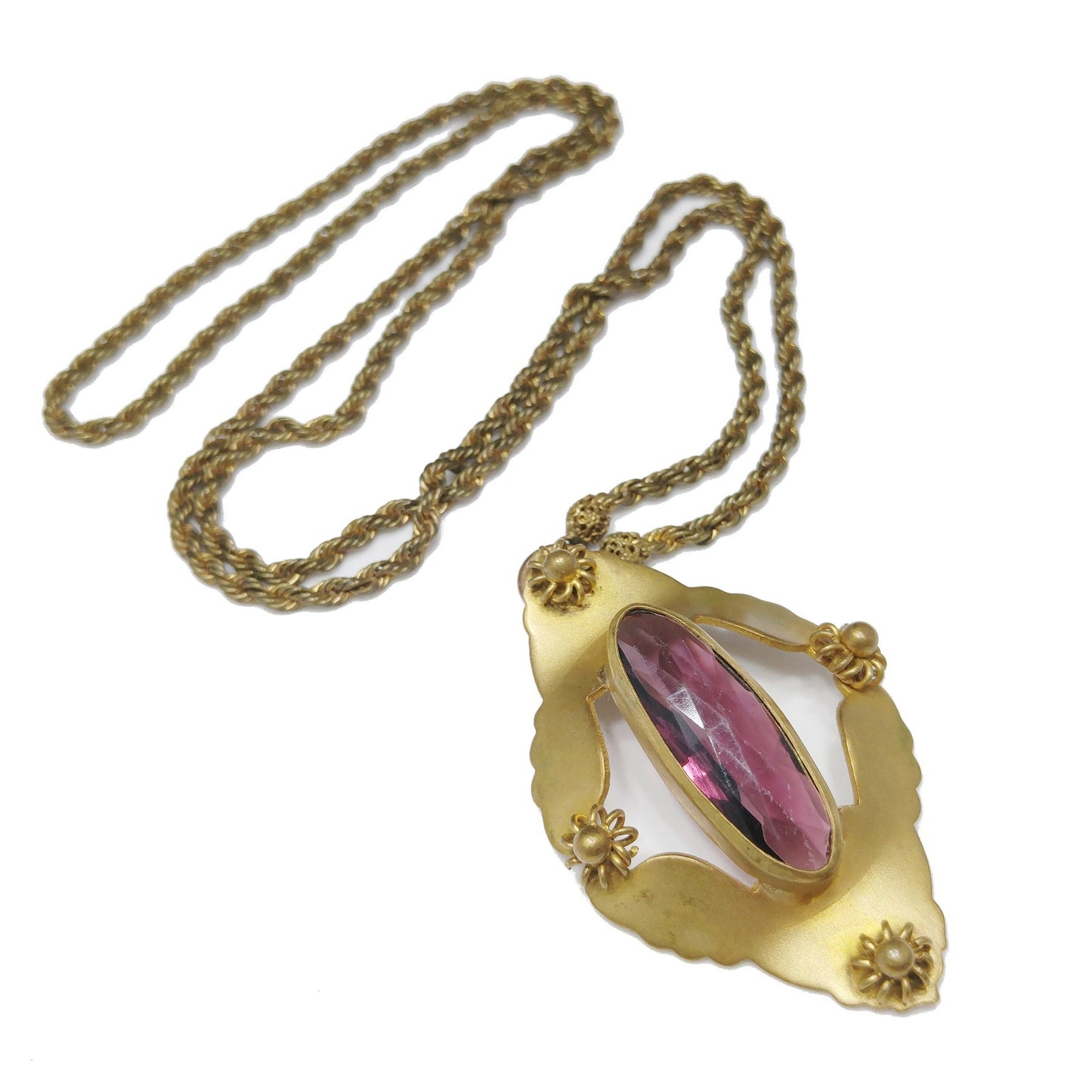 Victorian Purple Glass Pendant Necklace, Golden Brass, Early 1900s Vintage Jewelry