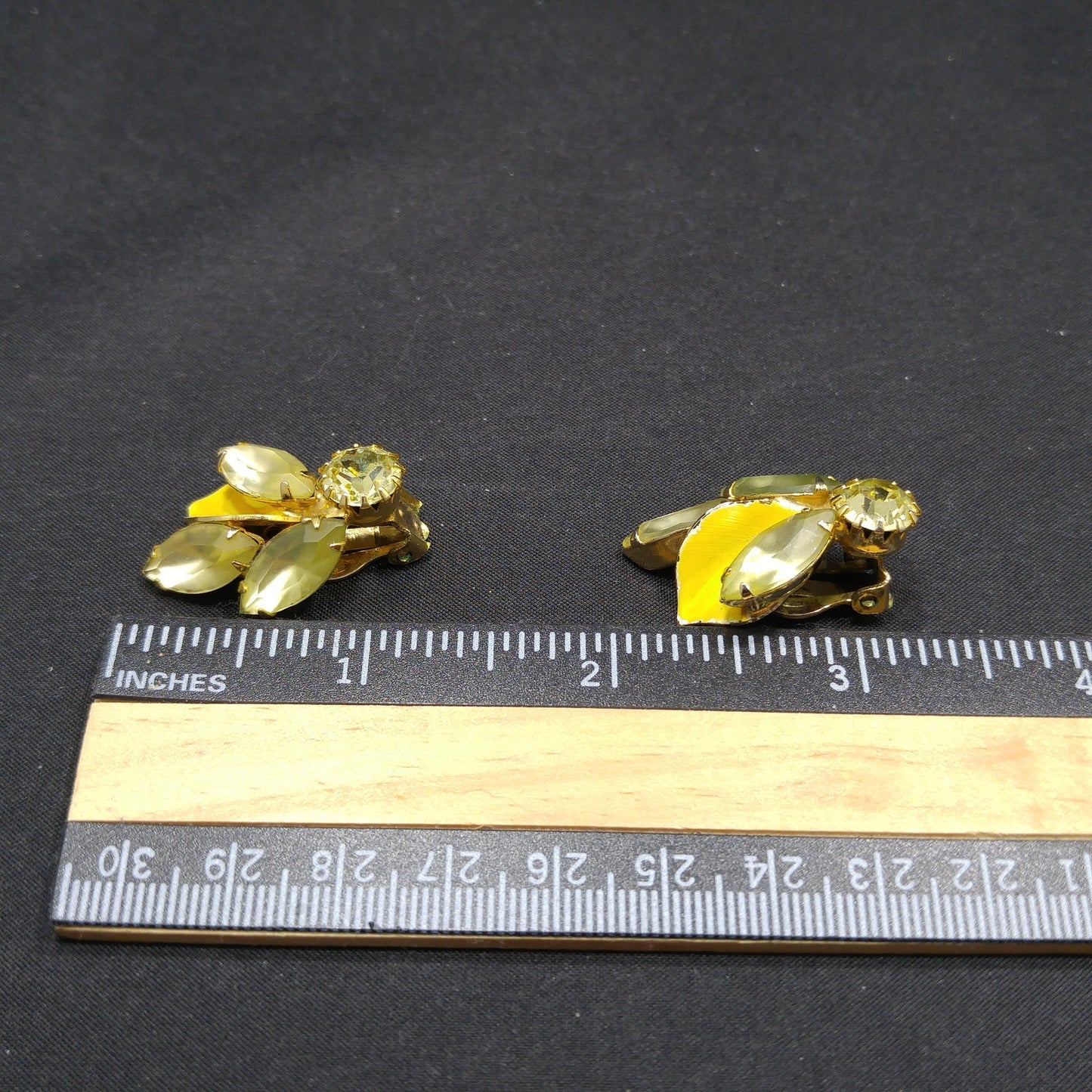 Weiss Yellow Enamel Jonquil Rhinestone Clip Earrings, Gold Plated, 1950s Vintage