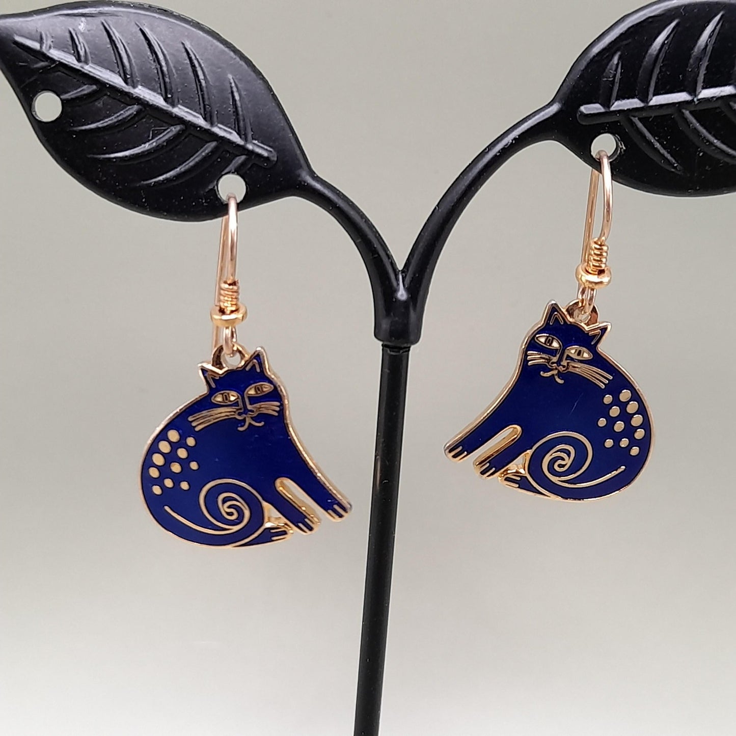 Vintage Laurel Burch "Keshire Cat" Drop Earrings, Blue Enamel, Gold Plate, 1980s Jewelry