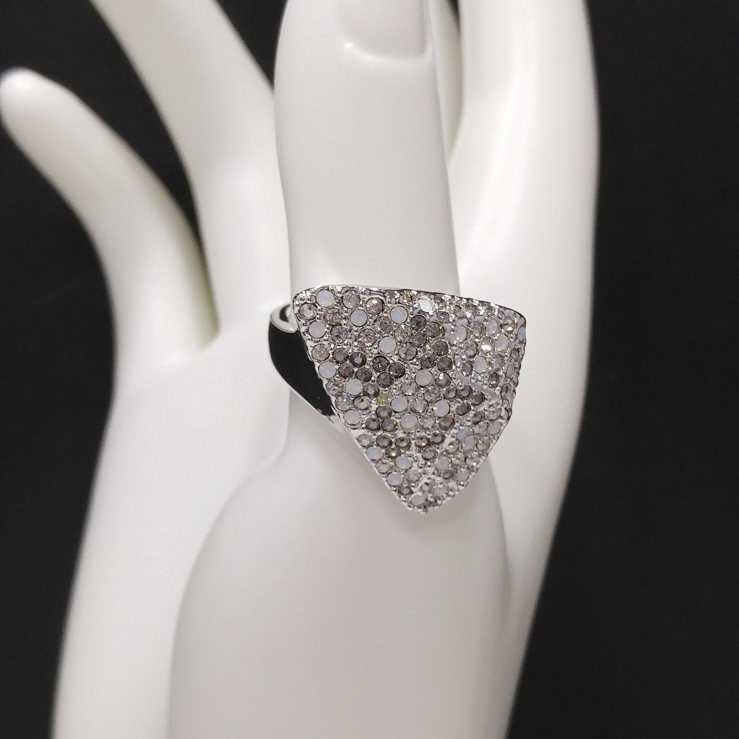 Swarovski Rhinestone Cocktail Ring, Triangular Shape, Clear Smoky & Faux Opal Crystals, Vintage Size 8.5, Swan Logo